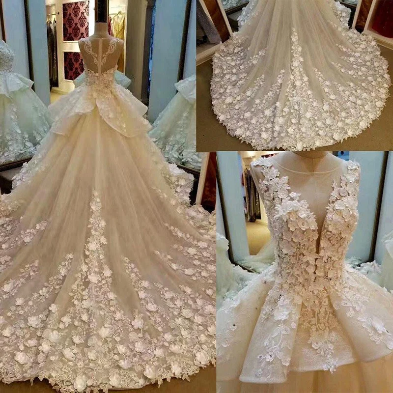 New Luxury Ball Gowns Lace Bridal Wedding Dresses Sleeveless Illusion Boat Neck Flowers Beaded Wedding Gown for Bride Peplum 
New Luxury Ball Gowns Lace Bridal Wedding Dresses Sleeveless Illusion Boat Neck Flowers Beaded Wedding Gown for Bride Peplum