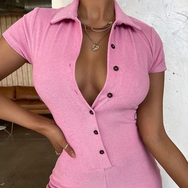 Casual Solid White Turn Down Collar Short Sleeve Women Playsuti Button Slim Summer Streetwear Female Jumpsuit 2021
Casual Solid White Turn Down Collar Short Sleeve Women Playsuti Button Slim Summer Streetwear Female Jumpsuit 2021