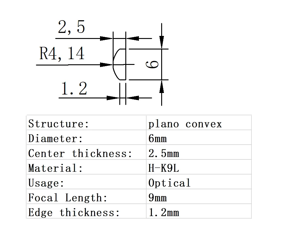 Plano Convex Lens Diameter 6mm Focal Length 9mm H-K9L Glass Lens Optical Glass Optical Lens
Plano Convex Lens Diameter 6mm Focal Length 9mm H-K9L Glass Lens Optical Glass Optical Lens