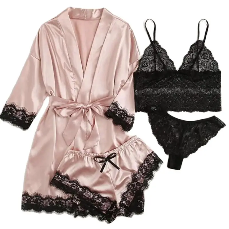 Sexy Night Dress Women Sleepwear 4 Pieces Satin Floral Lace Cami Top Lingerie Lady Pajama Set with Robe
Sexy Night Dress Women Sleepwear 4 Pieces Satin Floral Lace Cami Top Lingerie Lady Pajama Set with Robe
