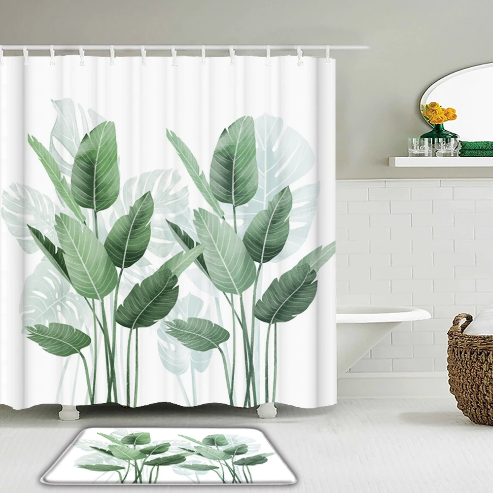 

Тропические занавески для душа Monstera с зелеными листьями, набор штор для ванной комнаты, водонепроницаемая ткань + декор для туалета, нескользящий коврик