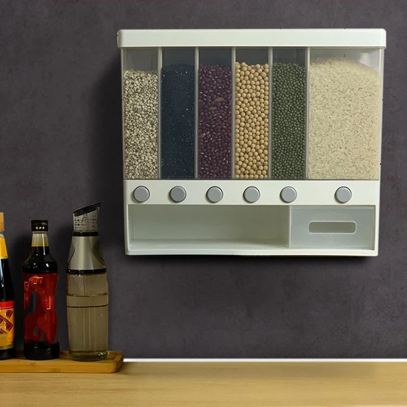 10KG Wall Mounted Divided Rice and Cereal Dispenser 6 Moisture Proof Plastic Automatic Racks Sealed Food Storage Box 
10KG Wall Mounted Divided Rice and Cereal Dispenser 6 Moisture Proof Plastic Automatic Racks Sealed Food Storage Box