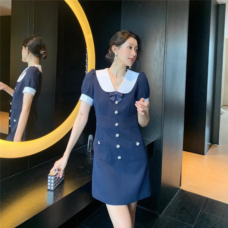 Vintage Blue Peter Pan Collar Short Sleeve Mini Dresses for Women 2021 Summer Elegant Bow Single-buttons A-line Dress Vestidos
Vintage Blue Peter Pan Collar Short Sleeve Mini Dresses for Women 2021 Summer Elegant Bow Single-buttons A-line Dress Vestidos