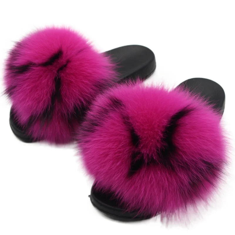 

HHT-4487 Fox Fur Slippers Ladies Sandals and Slippers Raccoon Hair Summer Beach Shoes Furry Slides for Women