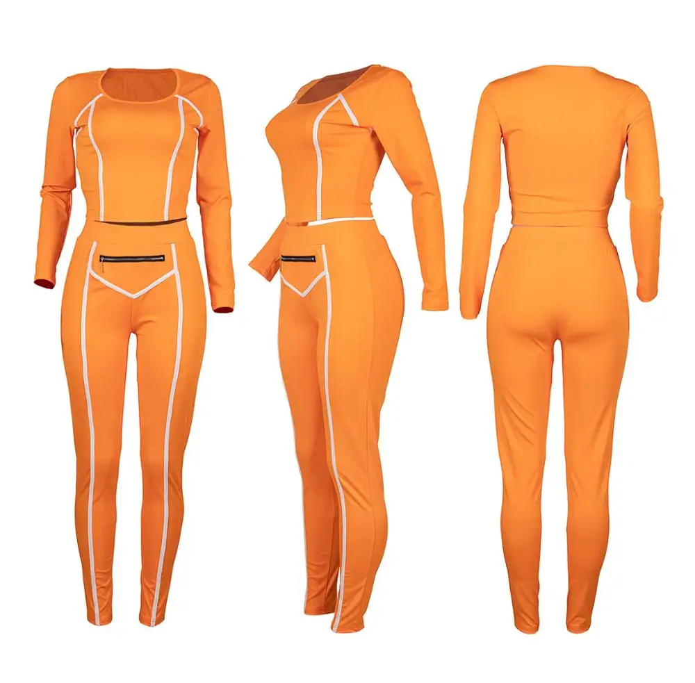 European new fashion solid color leisure sports two piece set slim U-neck long sleeve T-shirt and trousers women's suit 
European new fashion solid color leisure sports two piece set slim U-neck long sleeve T-shirt and trousers women's suit