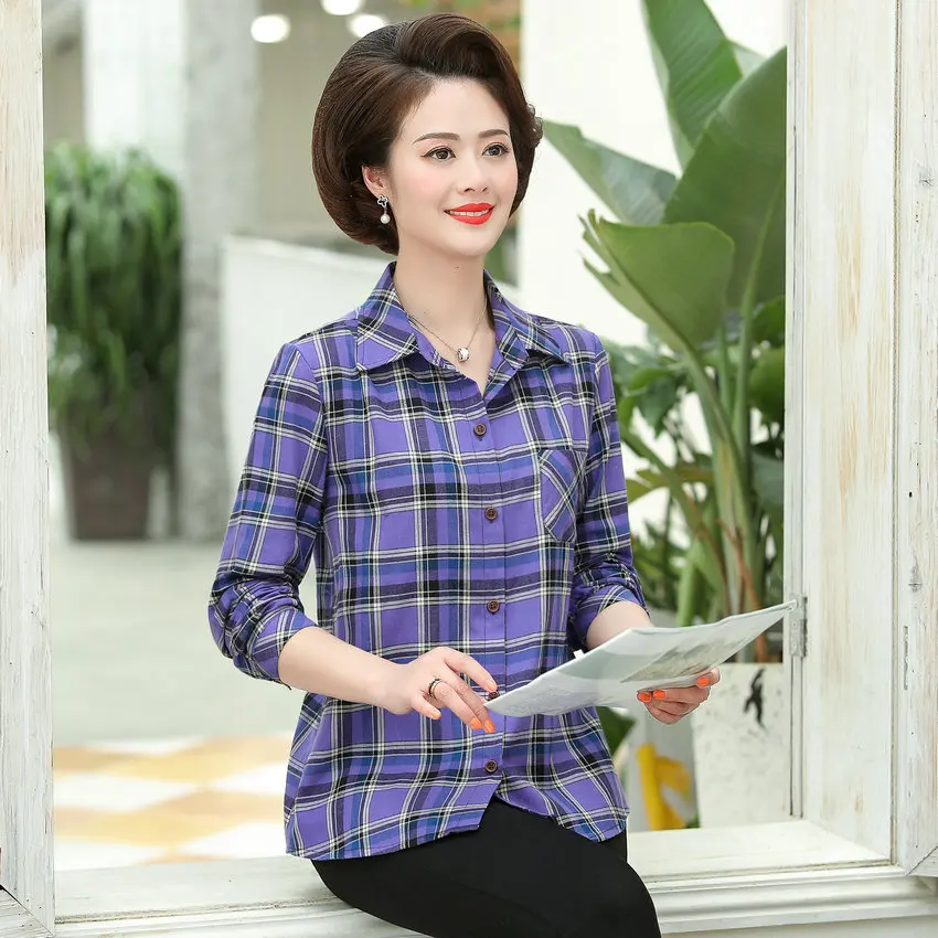 Middle Aged Women Plaid Shirts Spring Autumn Purple Red Navy Blue Checked Pattern Turn Down Collar Long Sleeve Top Mother Mom
Middle Aged Women Plaid Shirts Spring Autumn Purple Red Navy Blue Checked Pattern Turn Down Collar Long Sleeve Top Mother Mom