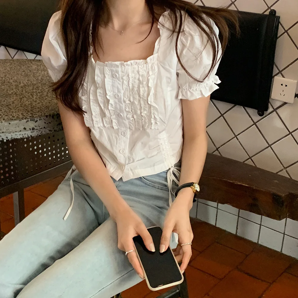 Vintage Tops Ruffles High Waist Square Collar Chic 2021 Comfortable Shirts Femme Loose Sweet Casual Fashion Women Blouses
Vintage Tops Ruffles High Waist Square Collar Chic 2021 Comfortable Shirts Femme Loose Sweet Casual Fashion Women Blouses