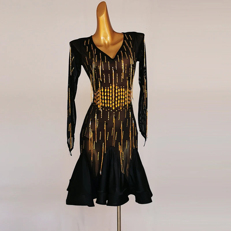 Standard Latin Dance Skirt Adult Rhinestone Rumba Samba Game Dress Women Golden Tassel Latin Competition Dancing Dresses
Standard Latin Dance Skirt Adult Rhinestone Rumba Samba Game Dress Women Golden Tassel Latin Competition Dancing Dresses