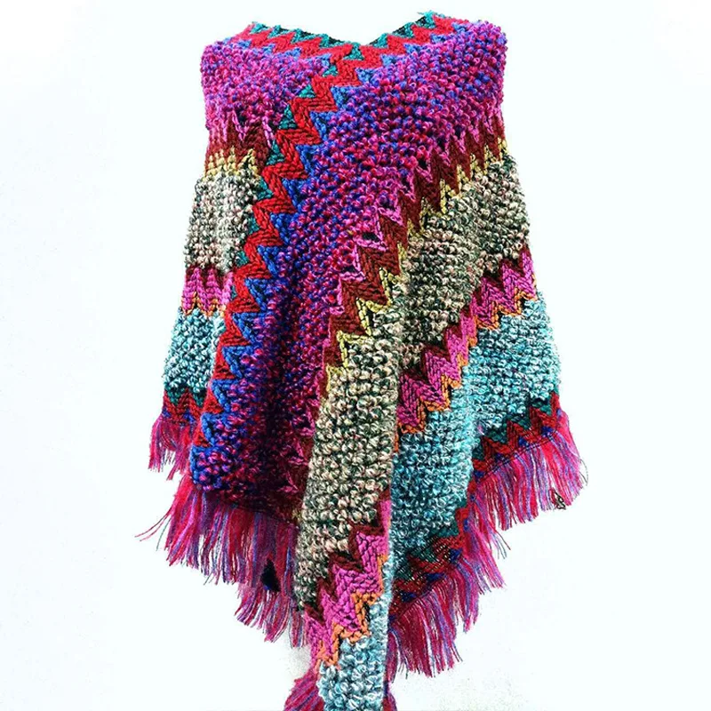 

Женское пончо в богемном стиле, тонкий вязаный свитер с бахромой и полосками, свободные свитера оверсайз с V-образным вырезом и бахромой, 2021