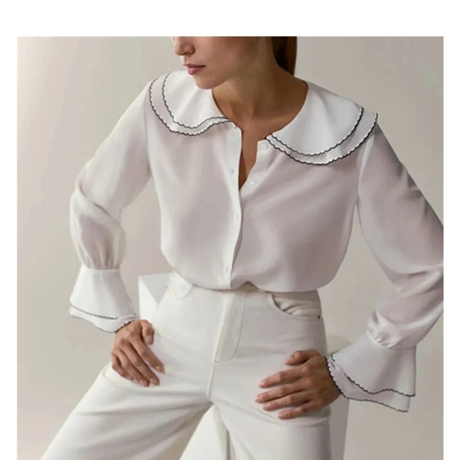 Винтажная блузка в испанском стиле с воротником «Питер Пэн», женская блузка, модная повседневная рубашка, женская блузка и топы, 2021 
Винтажная блузка в испанском стиле с воротником «Питер Пэн», женская блузка, модная повседневная рубашка, женская блузка и топы, 2021