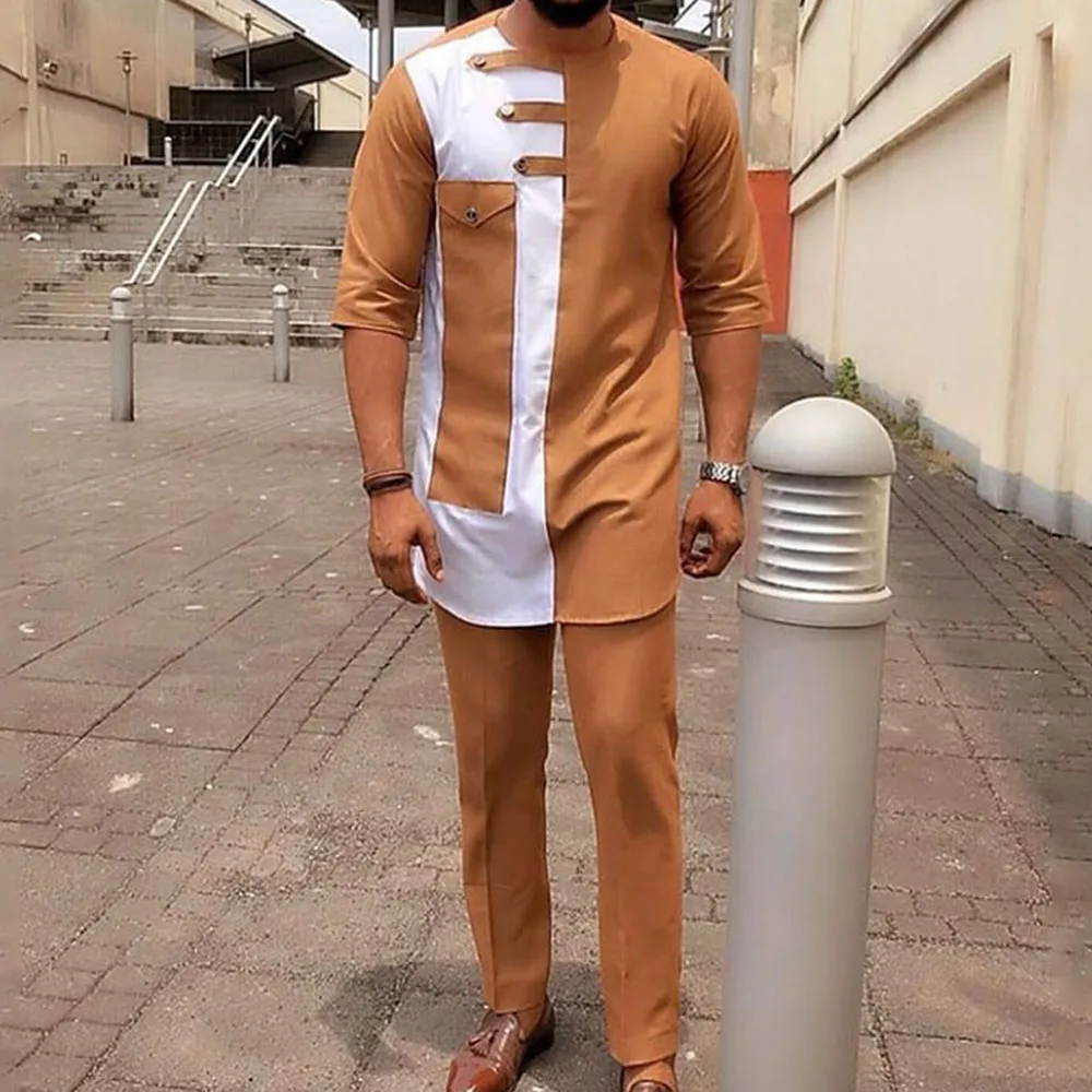 Men Mid-Length Sleeve T-shirt Stitching Color Mid-Length African Young Male Tee Clothing Kit With Trouser Fashion Shirt
Men Mid-Length Sleeve T-shirt Stitching Color Mid-Length African Young Male Tee Clothing Kit With Trouser Fashion Shirt