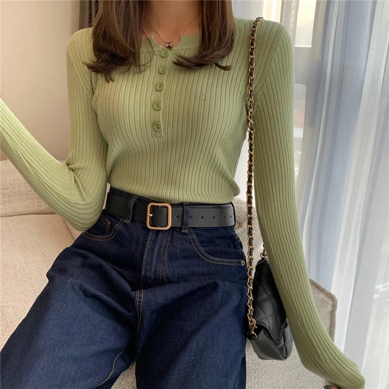 Women's Slim Sweaters Spring Autumn Long Sleeve Thin Ladies Solid Round Neck Jumper Casual Knitted Tops Buttons Female Pullover
Women's Slim Sweaters Spring Autumn Long Sleeve Thin Ladies Solid Round Neck Jumper Casual Knitted Tops Buttons Female Pullover