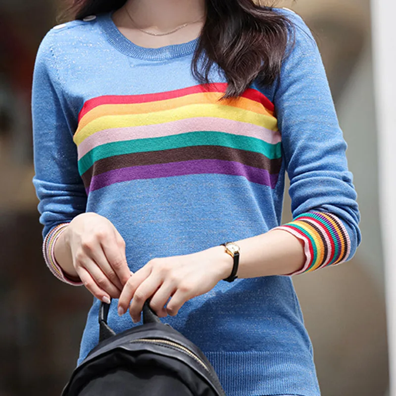 Rainbow Striped Round Neck Long Sleeve Women's Knitwear Outer Wear Base Shirt Tops Plus Size Women Clothes
Rainbow Striped Round Neck Long Sleeve Women's Knitwear Outer Wear Base Shirt Tops Plus Size Women Clothes