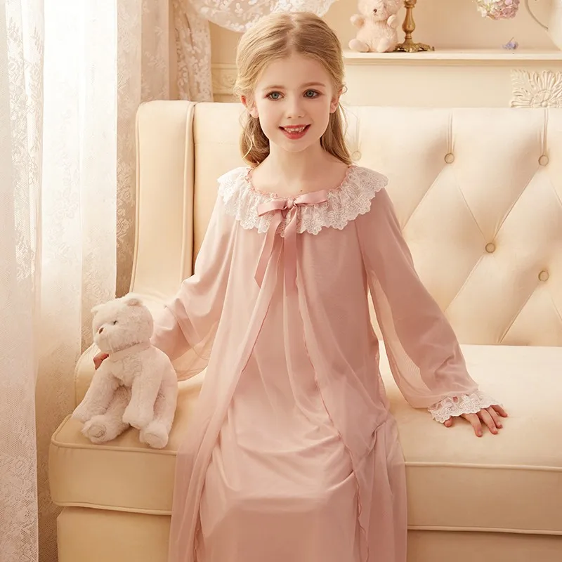 cotton short pajama sets 2019 Spring Children's Girls Lolita Dress Princess Sleepshirts Vintage Nightgowns Baby Nightdress Kids Sleepwear Pajamas Gown elegant pajama sets