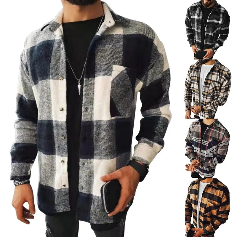 

Camisas casuales de franela a cuadros para hombre, chaqueta crdigan de manga larga, suave, ajustada, a la moda, primavera, 2021