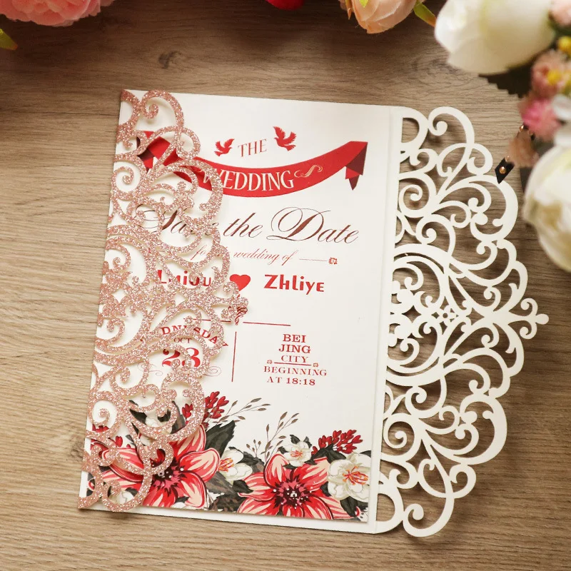 100pcs Glitter Wedding Invitations Laser Cut Elegant Flora Greeting Cards with Envelope and Ribbon for Quinceanera, Customized
100pcs Glitter Wedding Invitations Laser Cut Elegant Flora Greeting Cards with Envelope and Ribbon for Quinceanera, Customized