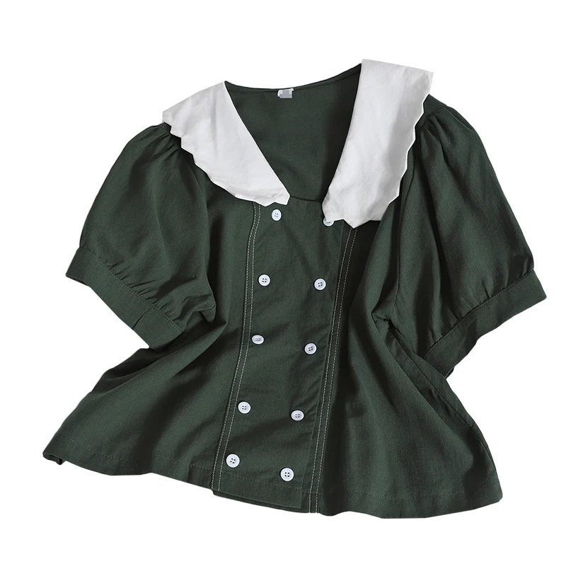 Kimutomo Double Breasted Blouse Women Puff Sleeve Wave Color Contrast Turn-down Collar Short Shirt Female 2021 Summer Top
Kimutomo Double Breasted Blouse Women Puff Sleeve Wave Color Contrast Turn-down Collar Short Shirt Female 2021 Summer Top