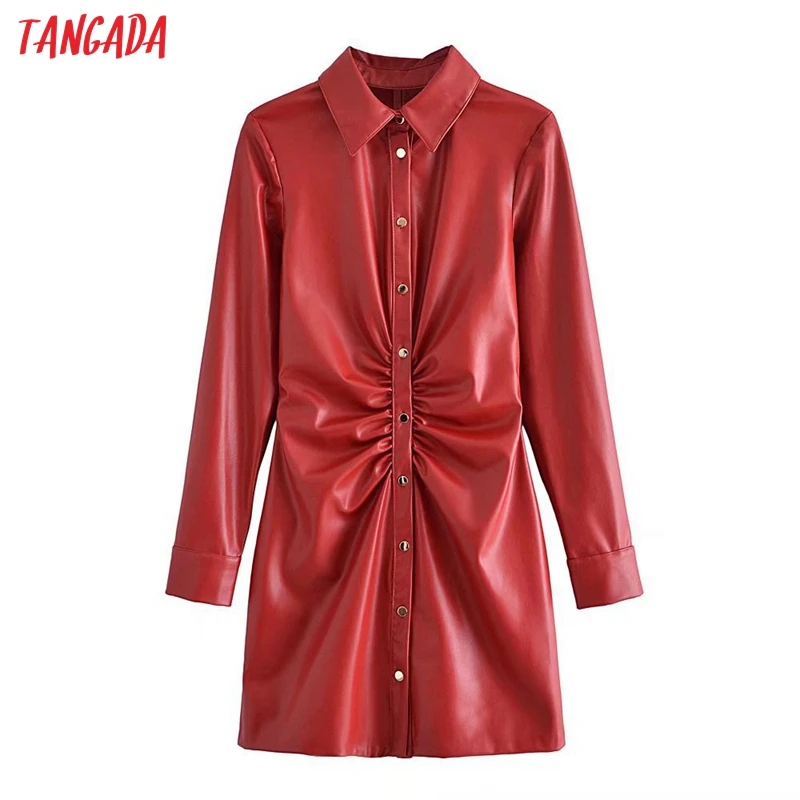Tangada Fashion Women Red Faux Leather Shirt Dress Vintage Long Sleeve Office Ladies Pleated Mini Dress 3H226
Tangada Fashion Women Red Faux Leather Shirt Dress Vintage Long Sleeve Office Ladies Pleated Mini Dress 3H226