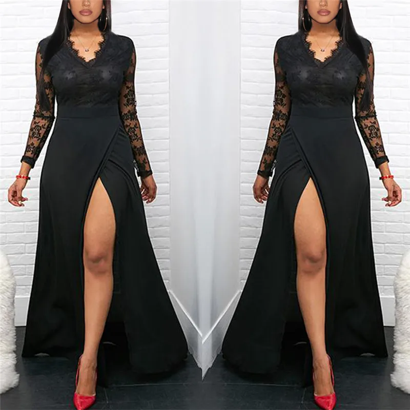 Autumn Black Elegant Dresses Long Sleeve V Neck Woman Party Dress Sexy Lace Hollow Out Robe Female High Waist Split Dress 2021 
Autumn Black Elegant Dresses Long Sleeve V Neck Woman Party Dress Sexy Lace Hollow Out Robe Female High Waist Split Dress 2021
