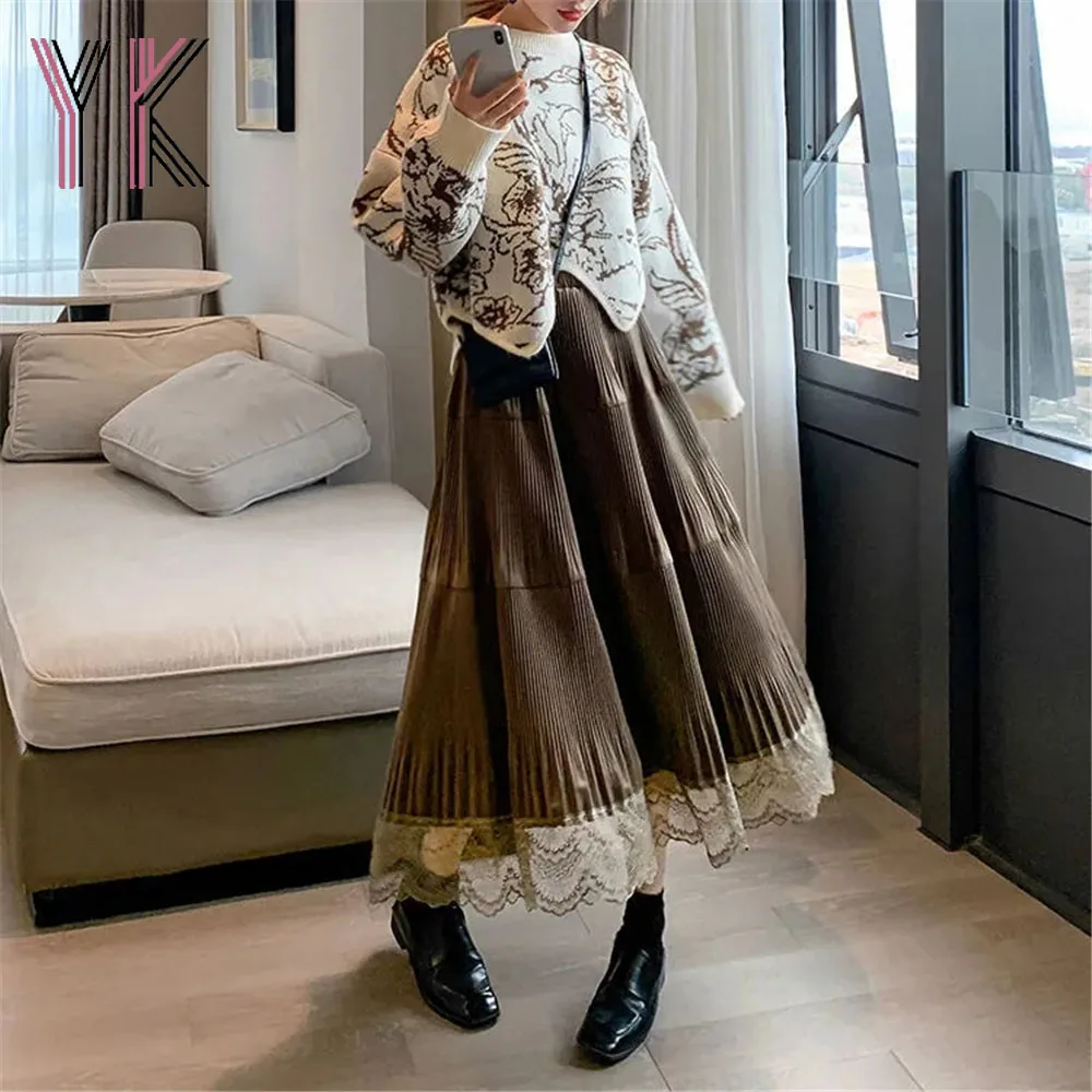 Velvet Lace Patchwork Pleated Cake Long Skirts Elastic Band High Waist Warm Elegant Sukienka Vintage Autumn Women Fairycore Saia
Velvet Lace Patchwork Pleated Cake Long Skirts Elastic Band High Waist Warm Elegant Sukienka Vintage Autumn Women Fairycore Saia