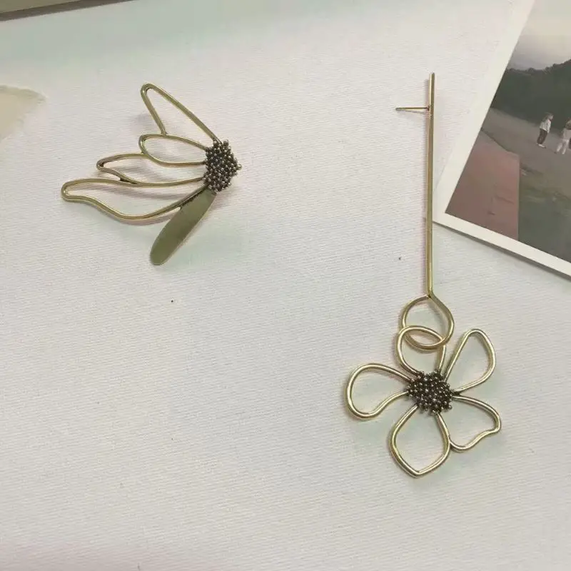 Stunning Bronze Asymmetric Flower Super Long Earrings For Women Fashion Jewelry