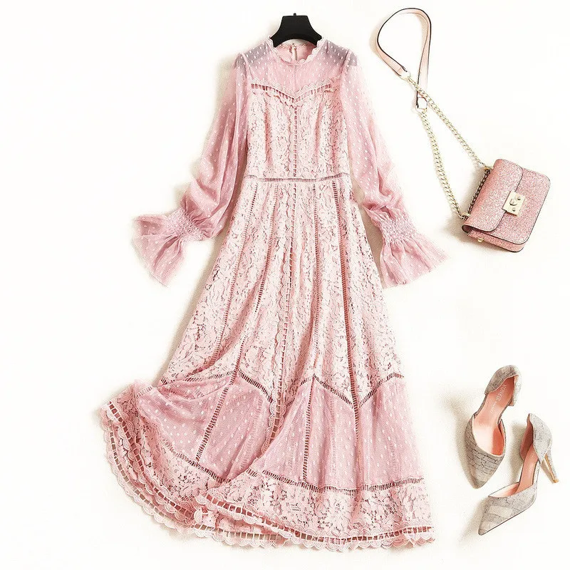 

2020 New Fashion Woman Clothes Elegant Lady Spring Dress Long Sleeve Hollow Out Aline Midi White Pink Lace Dress Party Vestidos