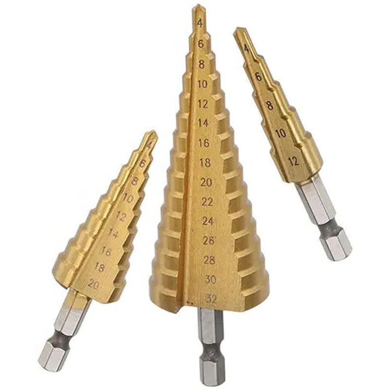 3pcs Step Drill Bit Set 3-12/4-12/4-20/4-32mm HSS Titanium Coated Wood Metal Plastic Cone Drill Bit 1/4" Hex Shank Hole Cutter
3pcs Step Drill Bit Set 3-12/4-12/4-20/4-32mm HSS Titanium Coated Wood Metal Plastic Cone Drill Bit 1/4" Hex Shank Hole Cutter