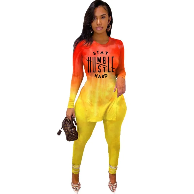 Casual Two Piece Women Sets Split Long T Shirt Top Outfits Autumn New Tie Dye Letter Print Gradient Street Style Pant Suits 2021
Casual Two Piece Women Sets Split Long T Shirt Top Outfits Autumn New Tie Dye Letter Print Gradient Street Style Pant Suits 2021