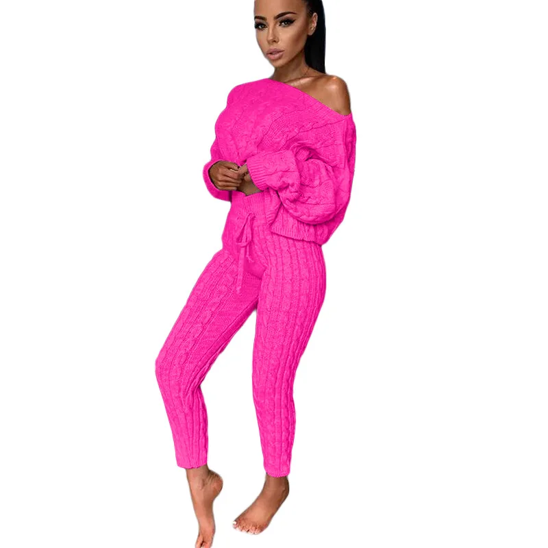 Knitted Slim Fashion Long Sleeve Women Casual Solid Color Pullover Two Piece Sweater Set