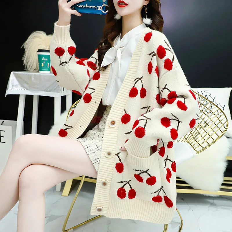 Fruit Printing Knitted Women Sweater Single Breasted Long Sleeve Cherry Cardigans Korean Loose Thicken Lazy Wind Fashion Tops
Fruit Printing Knitted Women Sweater Single Breasted Long Sleeve Cherry Cardigans Korean Loose Thicken Lazy Wind Fashion Tops