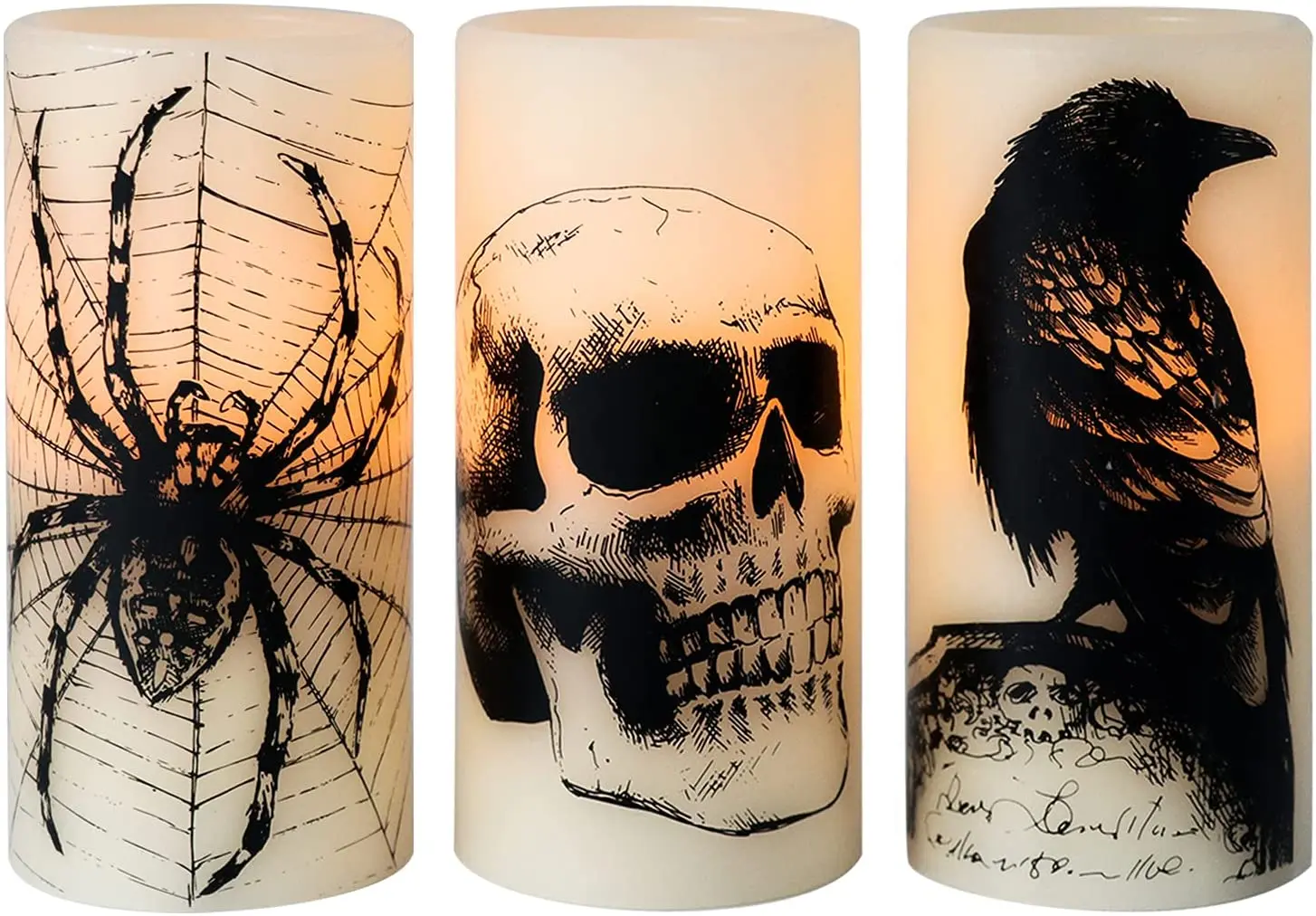 Eldnacele Halloween Flickering Candles with Skull, Spider Web, Crow Raven Decals Set of 3, Battery Operated Halloween Themed
Eldnacele Halloween Flickering Candles with Skull, Spider Web, Crow Raven Decals Set of 3, Battery Operated Halloween Themed