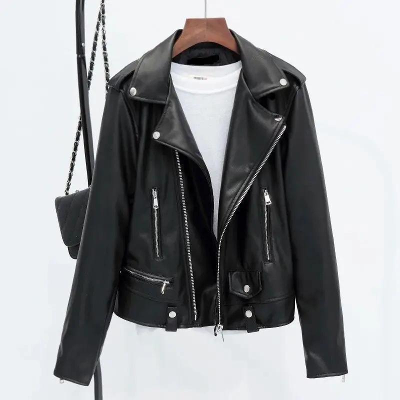 Outwear new women's fashion lapel zipper female leather jacket jacket solid color fashion jacket artificial leather S-XXL 
Outwear new women's fashion lapel zipper female leather jacket jacket solid color fashion jacket artificial leather S-XXL