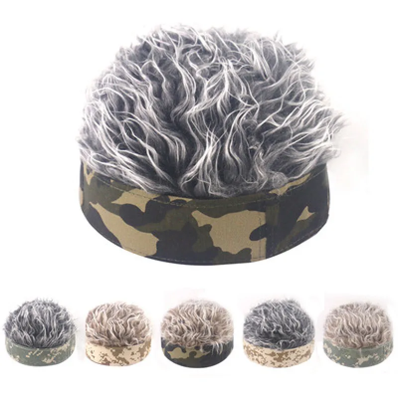 

Fashion Hip Hop Cap Women Men Camouflage Beanie with Funny Spiky Fake Hair Wig Vintage Melon Landlord Skull Hat Cosplay Costume