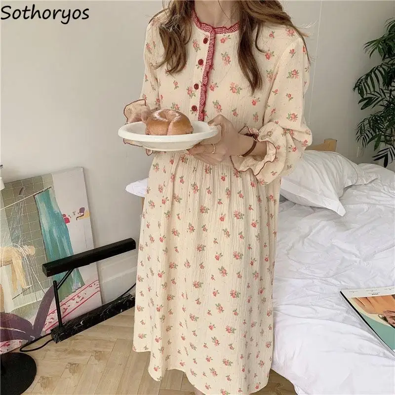 

Women Nightgowns Petal Sleeve Round Neck Print Button Loose Female Sleepwear Soft Korean Style Shivering Sweet Fresh Homewear