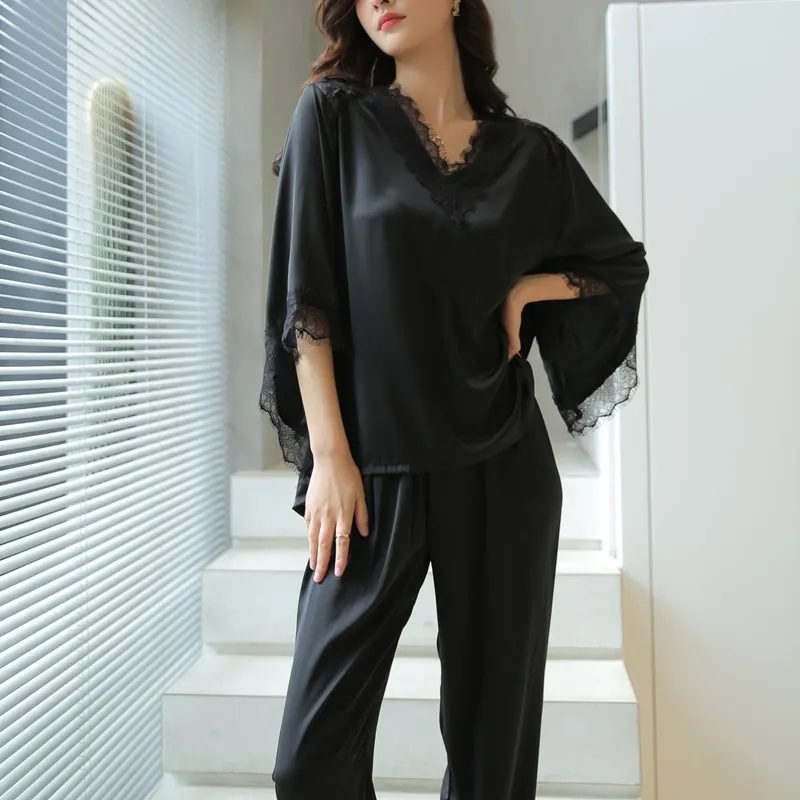 Satin Lace Pajamas Suit Women Two Pieces Sleepwear Sleep Sets Casual Pyjamas Pour Femme Lounge Wear Home Clothes With Trousers
Satin Lace Pajamas Suit Women Two Pieces Sleepwear Sleep Sets Casual Pyjamas Pour Femme Lounge Wear Home Clothes With Trousers