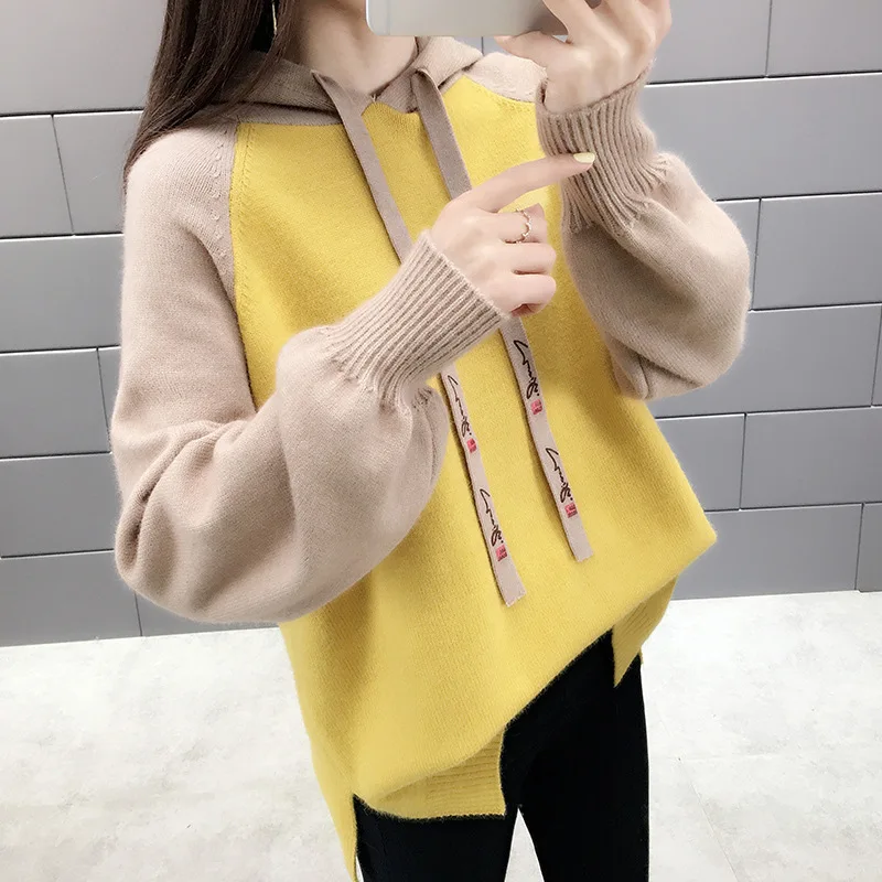 Korean Style Women's Autumn Spring Sweaters 2020 Patchwork Hooded Knitted Pulloves Lantern Sleeve with Lace Up Casual Jumpers
Korean Style Women's Autumn Spring Sweaters 2020 Patchwork Hooded Knitted Pulloves Lantern Sleeve with Lace Up Casual Jumpers
