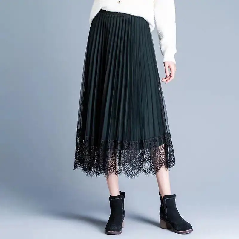 221 spring and autumn lace skirt women's Korean slim medium length pleated skirt large mesh sand skirt 
221 spring and autumn lace skirt women's Korean slim medium length pleated skirt large mesh sand skirt