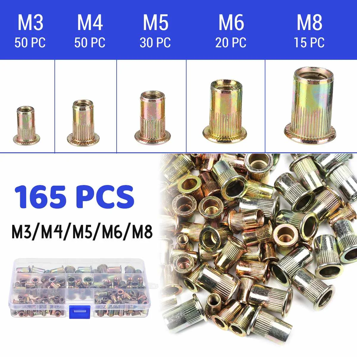 100/165/300 PCS Carbon Steel Zinc Plated Rivet Nuts Flat Head Threaded Rivet Insert Nutsert Rivet Nut Assortment Kit M3 to M12
100/165/300 PCS Carbon Steel Zinc Plated Rivet Nuts Flat Head Threaded Rivet Insert Nutsert Rivet Nut Assortment Kit M3 to M12