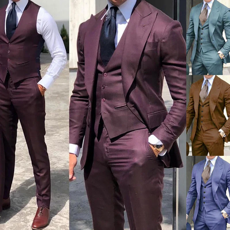 

Мужской классический смокинг из трех предметов, коричневый Свадебный костюм шафера с пиковыми лацканами, модный мужской деловой пиджак + бр...