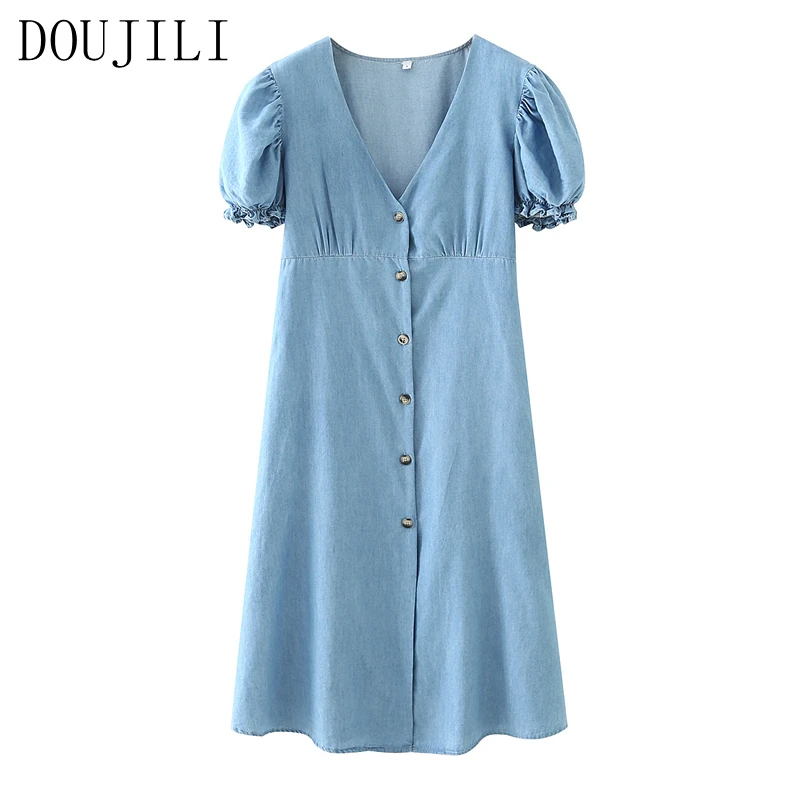 DOUJILI Women Blue Denim Dress Short Sleeve Buttons Midi Skirt Puff V Neck Office Ladies Elegant Dress
DOUJILI Women Blue Denim Dress Short Sleeve Buttons Midi Skirt Puff V Neck Office Ladies Elegant Dress