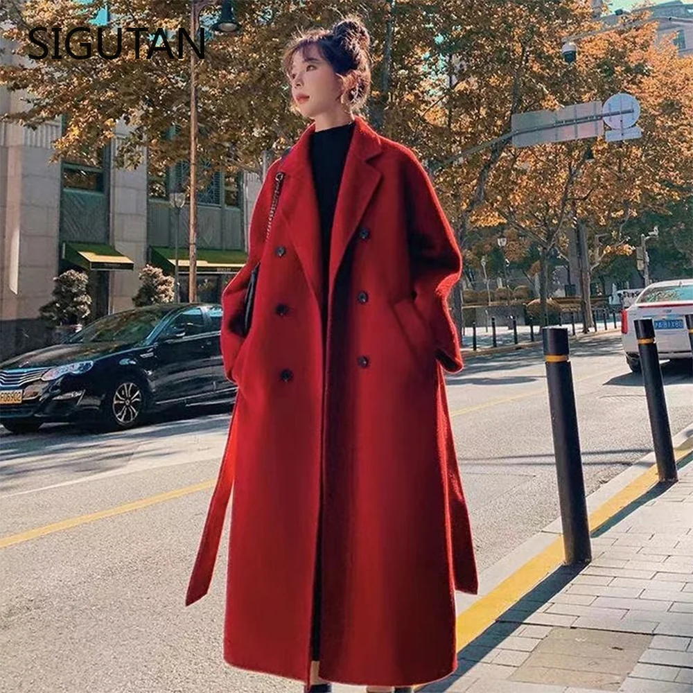 

Женское шерстяное пальто с поясом, черное Свободное длинное пальто с разрезом на подоле, корейский стиль, верхняя одежда 3XL, весна-осень