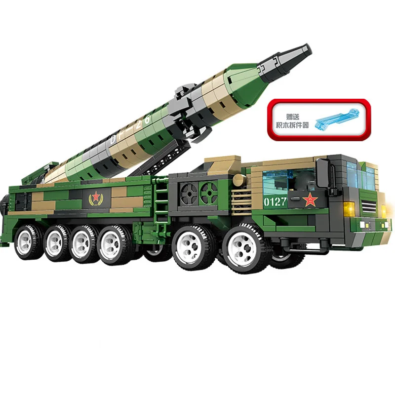 Military series World War II Chinese Army DongFeng-26 intermediate-range ballistic missile launch vehicle Building Blocks Toys
Military series World War II Chinese Army DongFeng-26 intermediate-range ballistic missile launch vehicle Building Blocks Toys