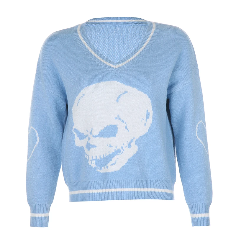 Y2K Sweaters Skulls Pullovers V Neck Knitwear Loose Casual Knitted Tops Women Streetwear Retro Tops Blue 2020 Autumn
Y2K Sweaters Skulls Pullovers V Neck Knitwear Loose Casual Knitted Tops Women Streetwear Retro Tops Blue 2020 Autumn