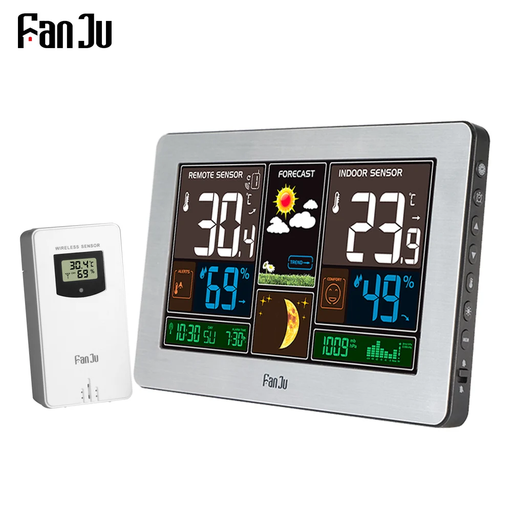 

FanJu Weather Station Digital Wall Alarm Clock Table Desk Clocks Thermometer Hygrometer Barometer Wireless Outdoor Sensor FJ3378