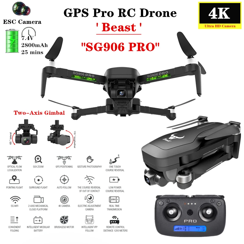 UAV SG906 PRO GPS Drone ESC 4K HD Camera 2-Axis Self-Stabilizing Gimbal RC Quadcopter Smart Selfie Brushless Motor Dron Toy Gift
UAV SG906 PRO GPS Drone ESC 4K HD Camera 2-Axis Self-Stabilizing Gimbal RC Quadcopter Smart Selfie Brushless Motor Dron Toy Gift