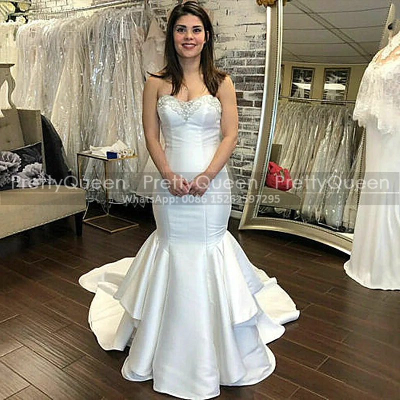 2021 White Satin Ruffles Mermaid Wedding Dress For Women Appliques Sweetheart Neck Sweep Train Long Bridal Dresses
2021 White Satin Ruffles Mermaid Wedding Dress For Women Appliques Sweetheart Neck Sweep Train Long Bridal Dresses
