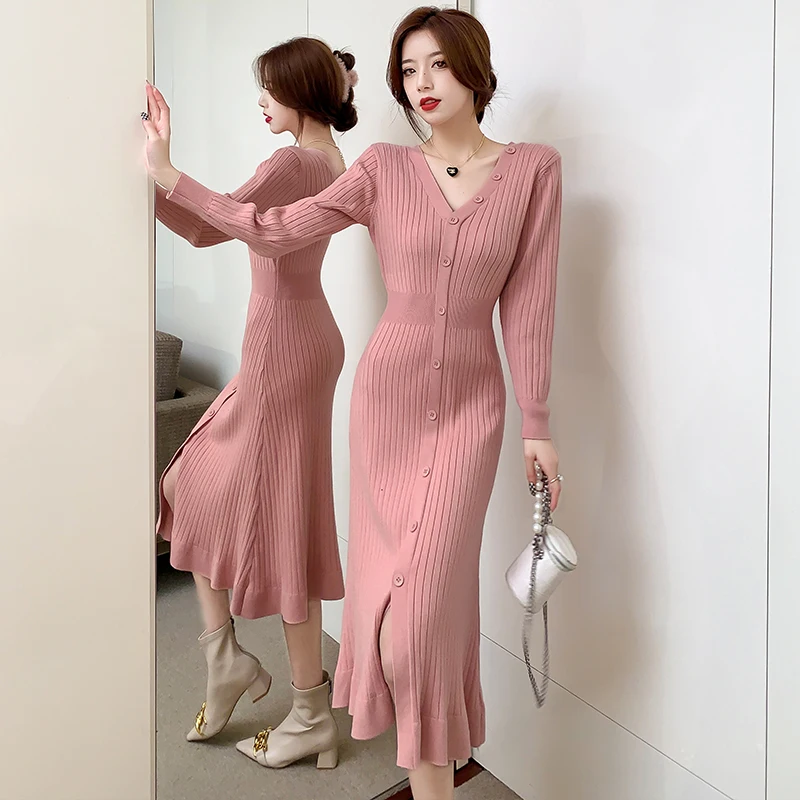 JSXDHK 2021 New Elegant Women V Neck Pink Knitted Dress Autumn Winter Single Breasted Ruffles Bodycon Slim Mermaid Long Vestidos
JSXDHK 2021 New Elegant Women V Neck Pink Knitted Dress Autumn Winter Single Breasted Ruffles Bodycon Slim Mermaid Long Vestidos