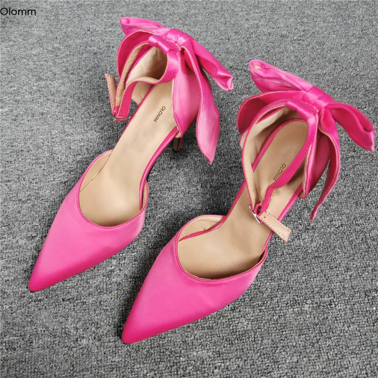 

Olomm Women Satin Pumps Thin High Heels Butterfly Knot Pumps Pointed Toe Gorgeous Fuchsia Party Shoes Women Plus US Size 5-15