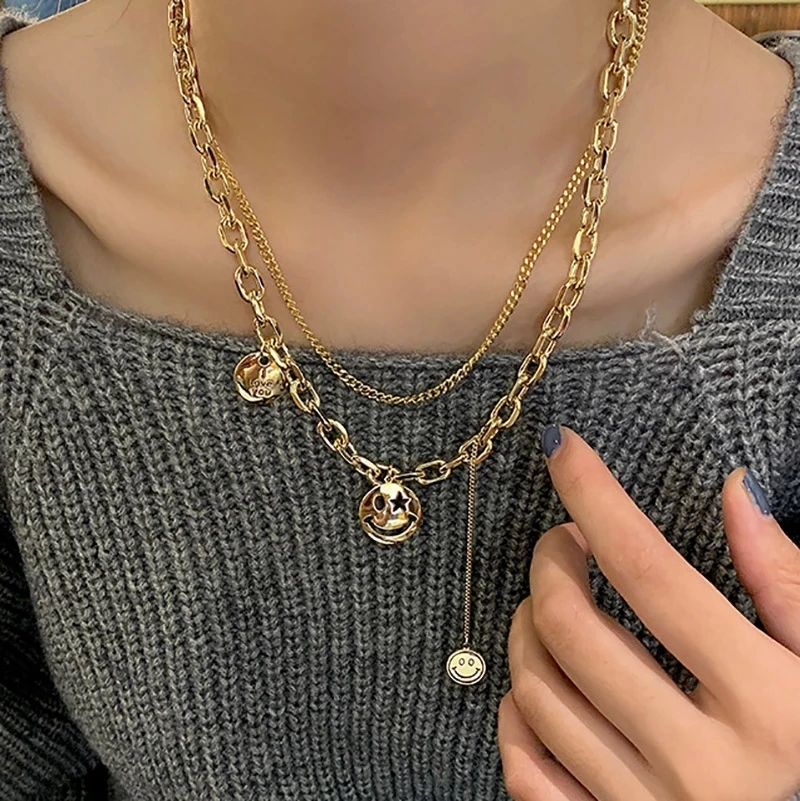 Golden Silver Sweater Necklace New Fashion Smiley Face Pendant Double-layered Clavicle Chain Men Women Alloy Necklace Jewelry
Golden Silver Sweater Necklace New Fashion Smiley Face Pendant Double-layered Clavicle Chain Men Women Alloy Necklace Jewelry