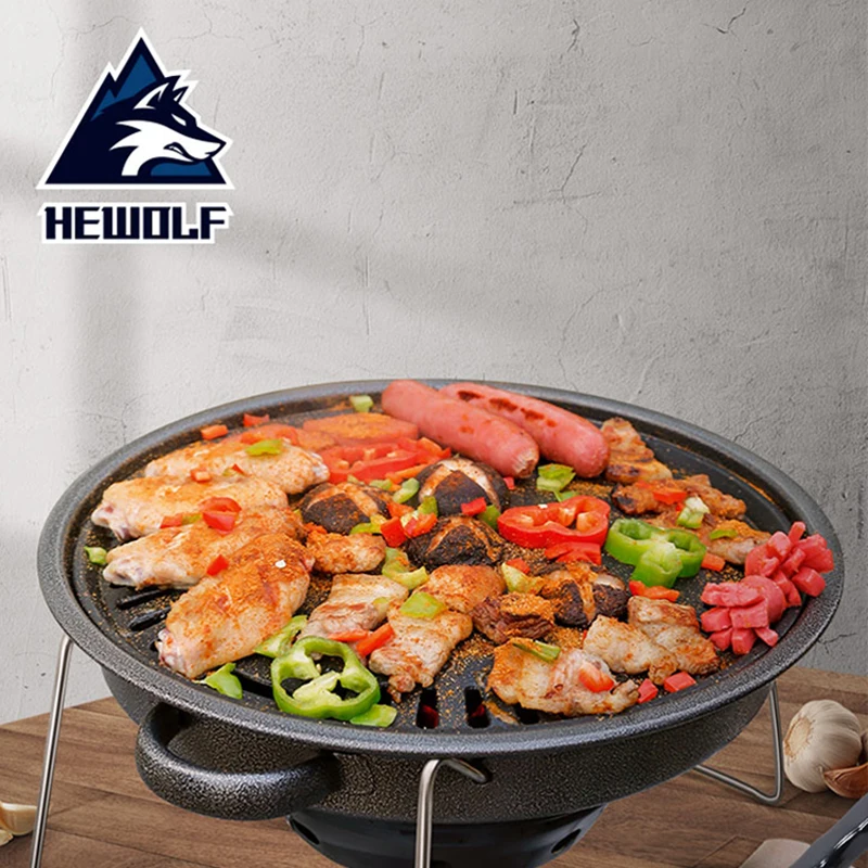 

Hewolf Charcoal Korean Barbecue Outdoor Grill Non-Stick BBQ Round Pan Grills Easily Cleaned Smokeless Portable Stove Tool